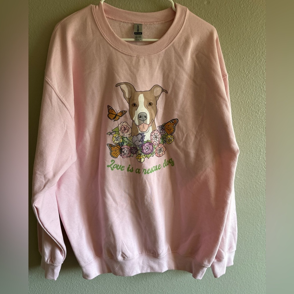 Gildan Pink Crewneck Sweatshirt with Dog & Floral Graphic